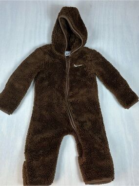 Nike Chocolate Brown Plush Sherpa Hooded One-Piece Baby Size: 9m